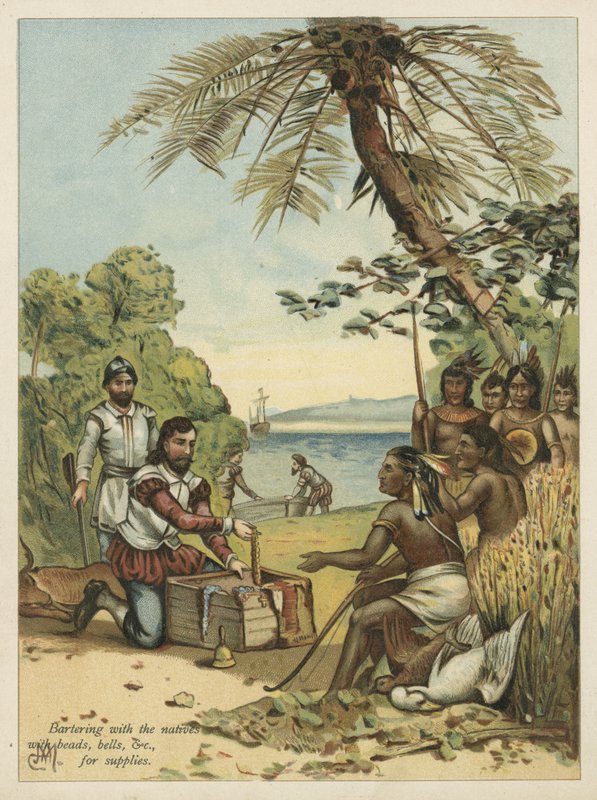Colón intercambiando con los Nativos Americanos por suministros de Andrew Melrose