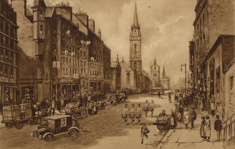Edimburgo: High Street, mirando hacia la iglesia de Tron y la catedral de St Giles (lito) de Andrew Allan