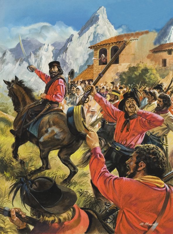 Guiseppe Garibaldi (1807-82) y su ejército en la batalla con las tropas reales napolitanas (gouache sobre papel) de Andrew Howat