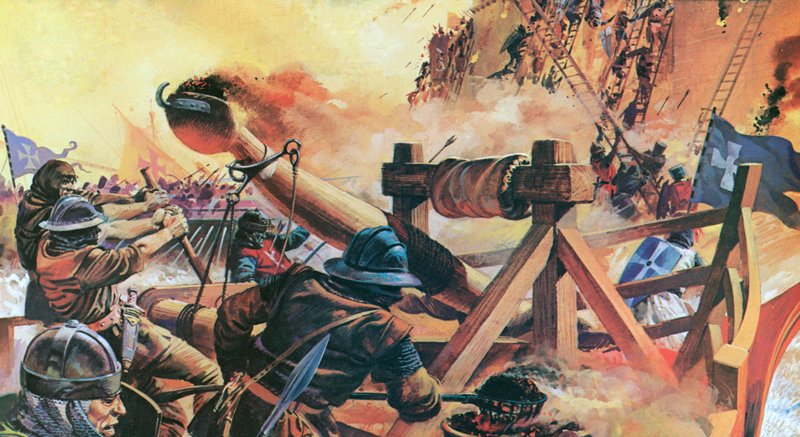 Los cristianos sitian Constantinopla en 1203 (litografía en color) de Andrew Howat