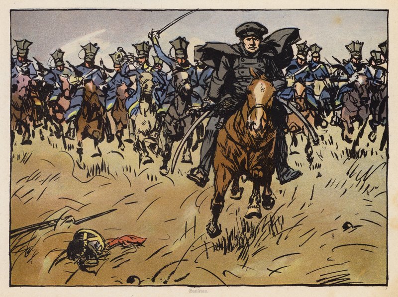 El mariscal de campo prusiano Gneisenau dirigiendo una carga de caballería (cromolito) de Angelo Jank