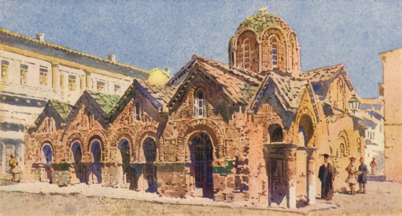 Iglesia de Panagia Kapnikarea, Atenas (litografía en color) de Angelos Giallinos