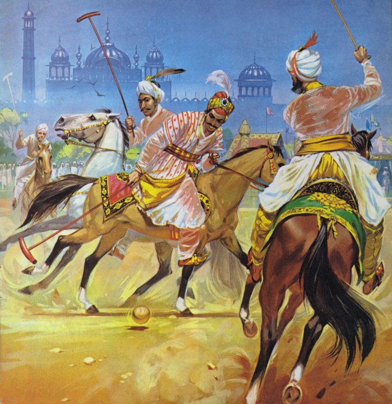 Un emperador mogol jugando al polo (litografía en color) de Angus McBride