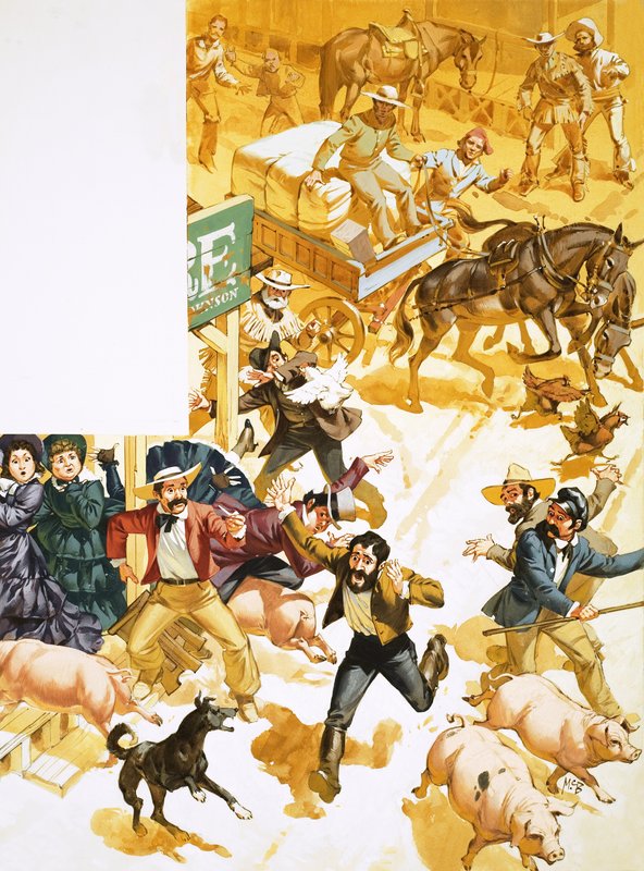 Un hombre recorre las calles de San Francisco anunciando el descubrimiento de oro de Angus McBride