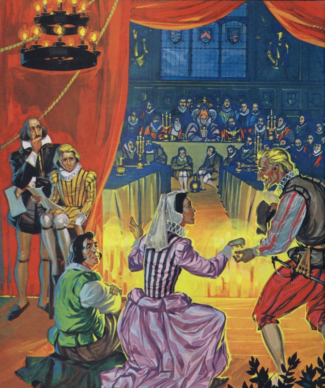 Representación de Noche de Reyes ante la reina Isabel I, con Shakespeare escuchando detrás del telón (litografía en color) de Angus McBride