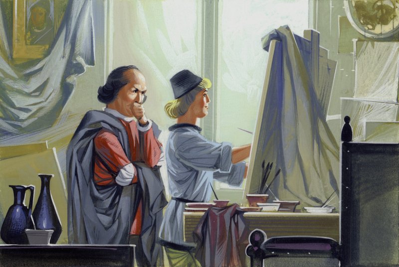Un joven Leonardo Da Vinci ayuda a su maestro Verrocchio con El Bautismo de Cristo (gouache sobre papel) de Angus McBride