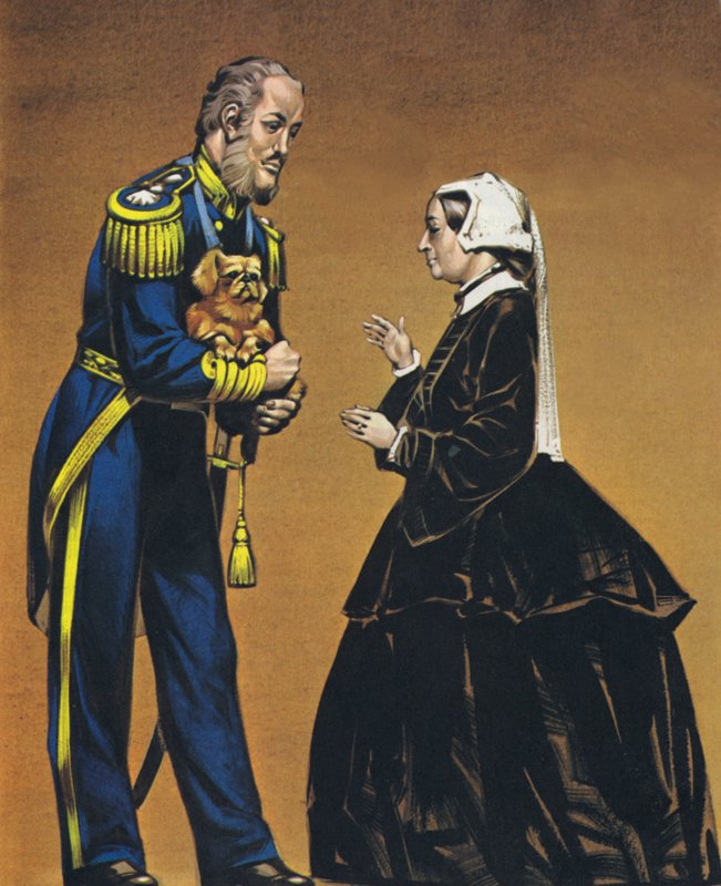 El almirante Lord Hay, con el primer perro pequinés traído a Inglaterra (litografía en color) de Angus McBride