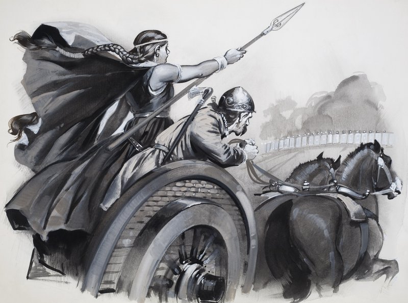 Boadicea azuzando la furia de los britanos contra sus señores romanos (gouache sobre papel) de Angus McBride