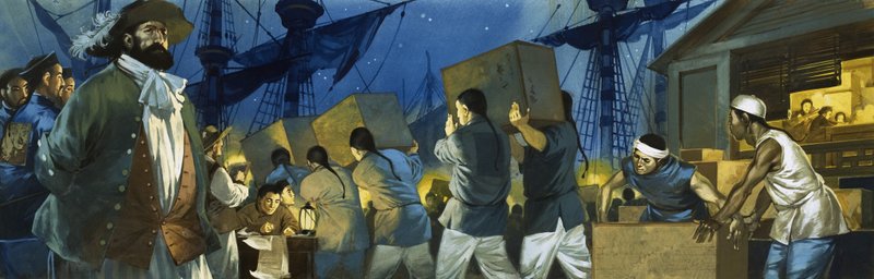 Trabajadores chinos cargando té en un clíper para transportarlo a Inglaterra de Angus McBride