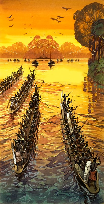 Henry Stanley, en busca de Livingstone, tuvo que enfrentarse a tribus hostiles en canoas de guerra de Angus McBride