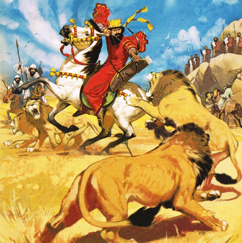 El rey Darío de Persia cazando leones de Angus McBride