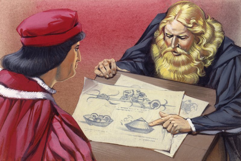 Leonardo Da Vinci explicando posibles motores de guerra a Ludovico Sforza (gouache sobre papel) de Angus McBride