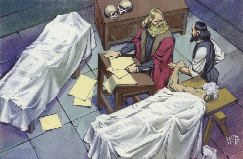 Leonardo Da Vinci investigando la anatomía humana, utilizando los cadáveres de hombres que habían muerto en el hospital (gouache sobre papel) de Angus McBride