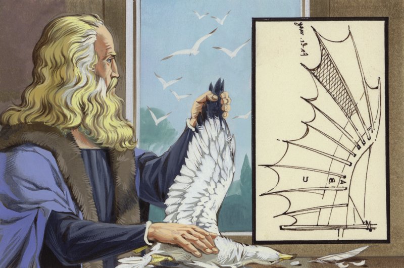 Leonardo Da Vinci estudiando aves para descubrir cómo podía volar un hombre (gouache sobre papel) de Angus McBride