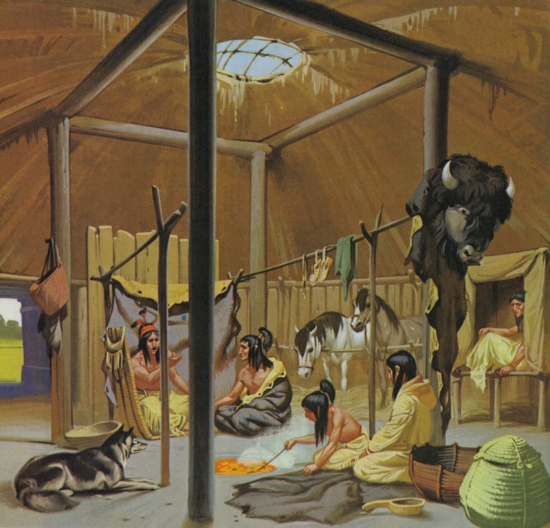 Mandan earth lodge (litografía en color) de Angus McBride