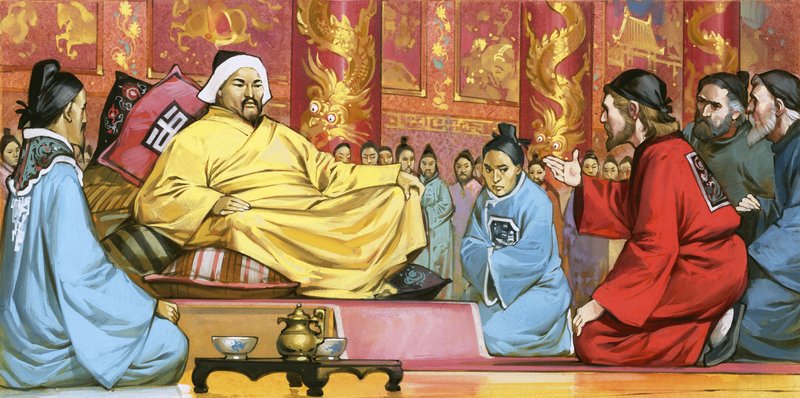 Marco Polo en la corte de Kublai Khan, siglo XX (gouache sobre papel) de Angus McBride