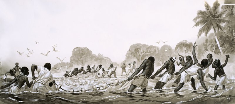 Nativos del Caribe utilizando redes para pescar en los mares de Angus McBride