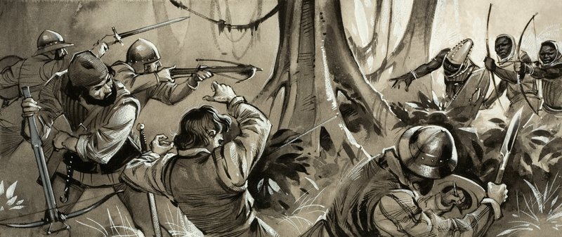 Marineros portugueses atacados por tribus hostiles en el norte de África (gouache sobre papel) de Angus McBride