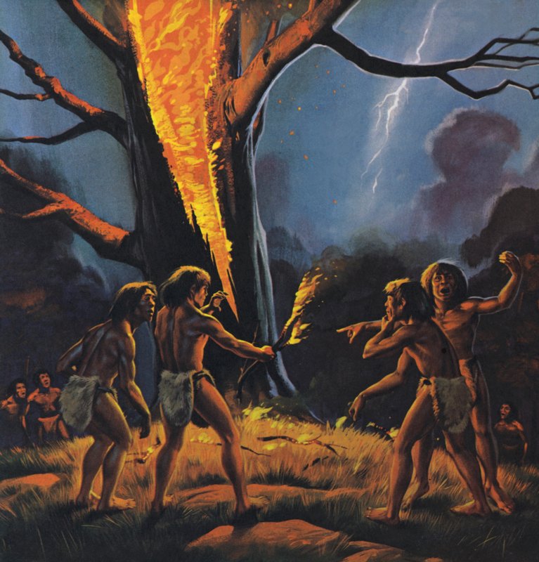 El hombre prehistórico y el fuego (litografía en color) de Angus McBride
