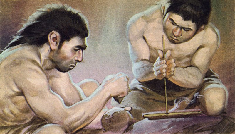 Hombre prehistórico haciendo fuego (litografía en color) de Angus McBride