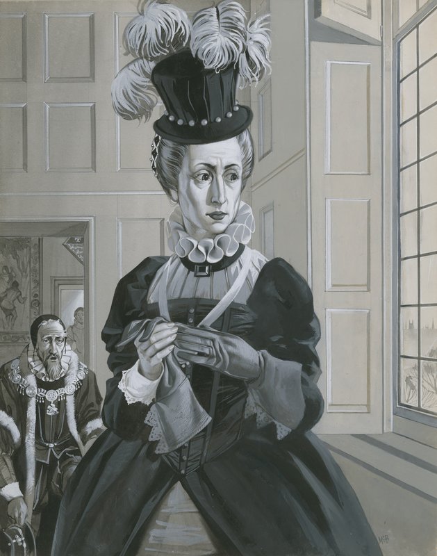 La reina Isabel I, enterada de la ejecución de María, reina de Escocia (gouache sobre papel) de Angus McBride