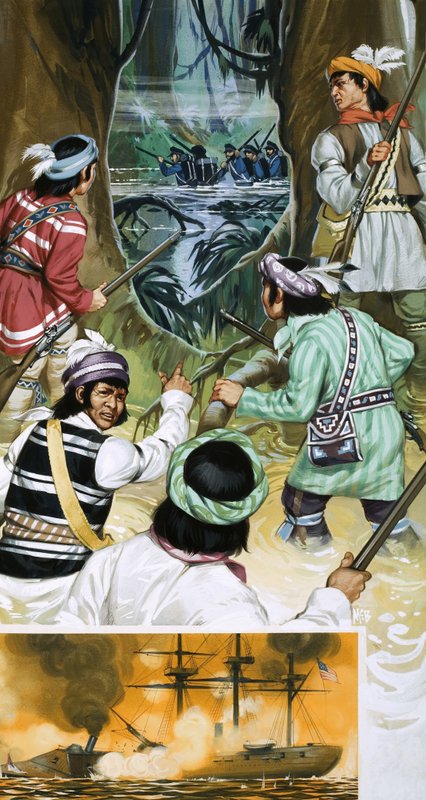 Los indios seminolas luchan contra los soldados americanos en los pantanos de Angus McBride