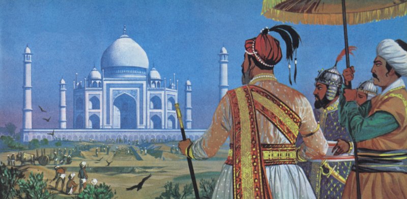 Shan Jahan observa la construcción del Taj Mahal (litografía en color) de Angus McBride