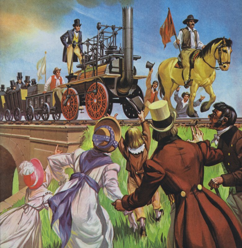 Ferrocarril de Stockton y Darlington (litografía en color) de Angus McBride