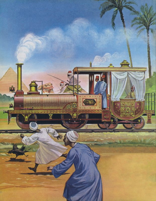 El Jedive de Egipto hizo construir un motor y un carruaje en Inglaterra en 1862 (litografía en color) de Angus McBride