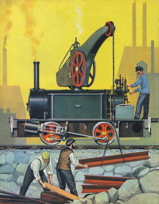 El motor grúa, construido en Glasgow en 1868, y uno de los primeros de su clase (litografía en color) de Angus McBride