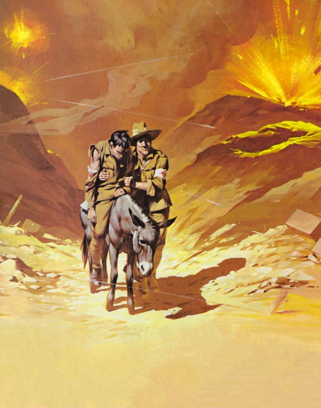 El hombre del burro, John Simpson (litografía en color) de Angus McBride