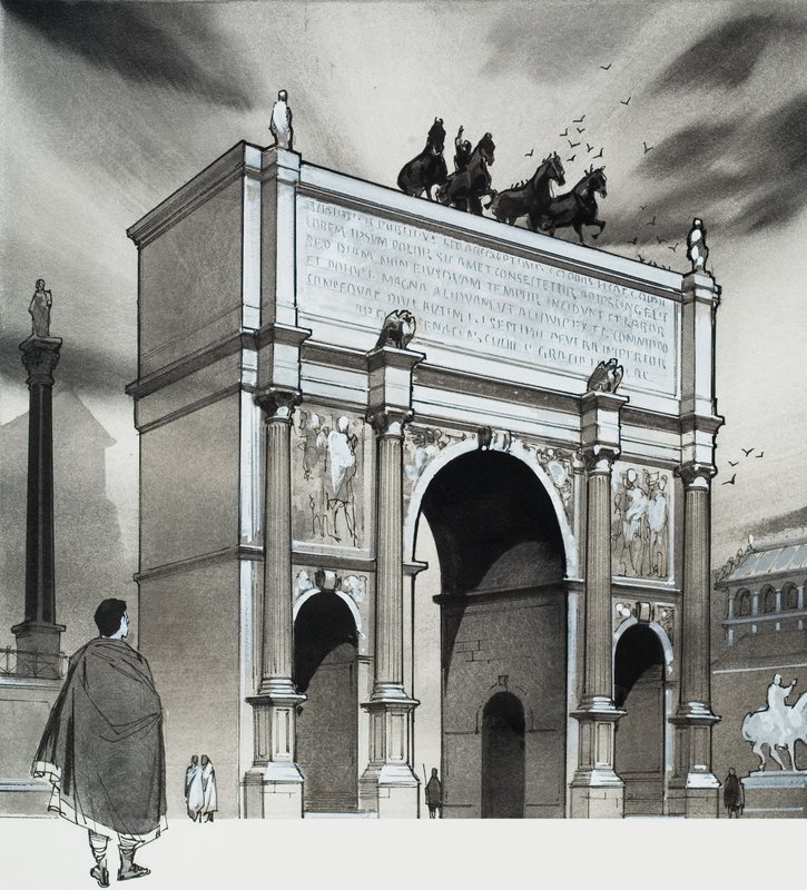Arco de triunfo del emperador Lucio Septimio Severo, Roma (gouache sobre papel) de Angus McBride