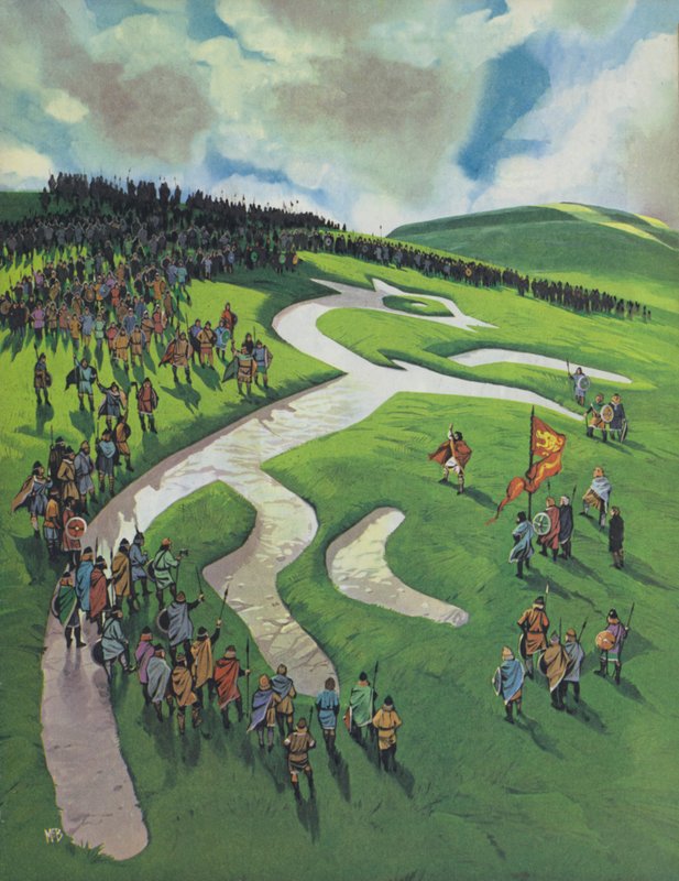 Caballo blanco de Uffington, construido por Alfredo el Grande tras la batalla de Ashdown contra los daneses (litografía en color) de Angus McBride