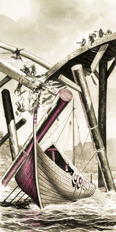 Lancha vikinga sin identificar destruyendo un puente de Angus McBride