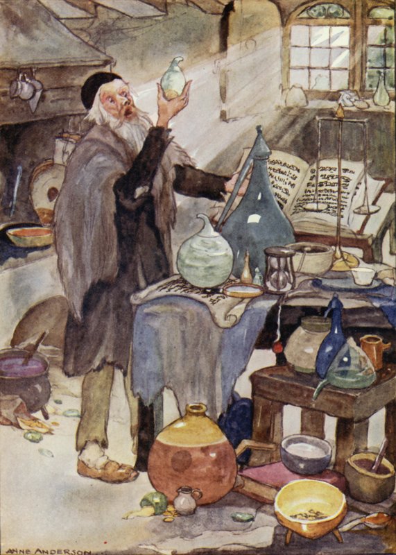 Alquimista, escena del cuento de hadas de Hans Christian Andersen El cuento del viento (litografia en color) de Anne (after) Anderson