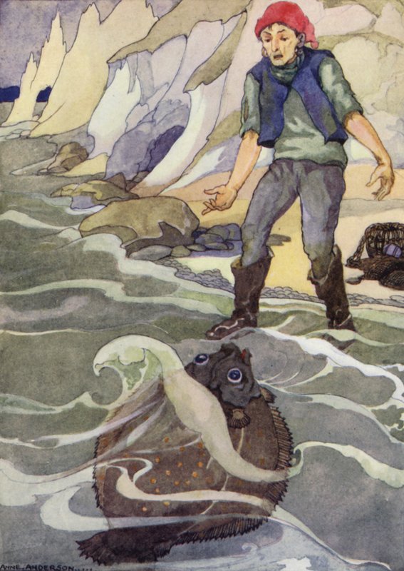 El pescador y su mujer, cuento de hadas de los hermanos Grimm (litografia en color) de Anne (after) Anderson