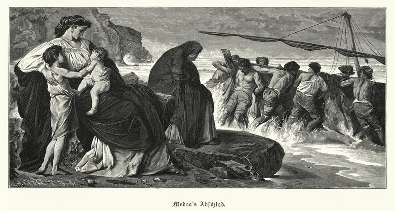 Despedida de Medea: escena de la tragedia griega antigua Medea de Eurípides, basada en la leyenda de Medea y Jasón de Anselm Feuerbach