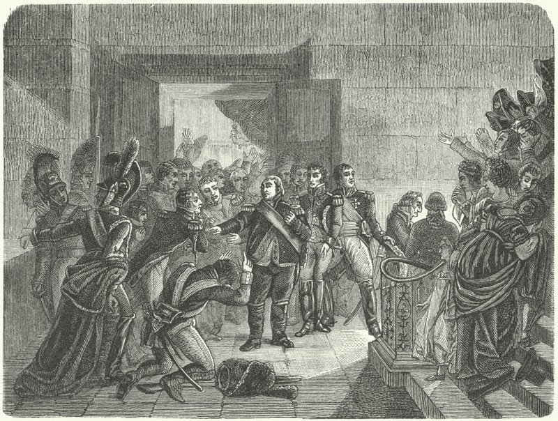 Luis XVIII dejando el Palacio de las Tullerías tras enterarse del regreso de Napoleón a Francia desde Elba de Antoine Jean (after) Gros