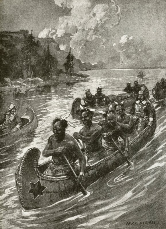 Samuel De Champlain en 1608 ascendiendo el río San Lorenzo en las canoas de los indios americanos amistosos de Archibald Bertram (after) Webb