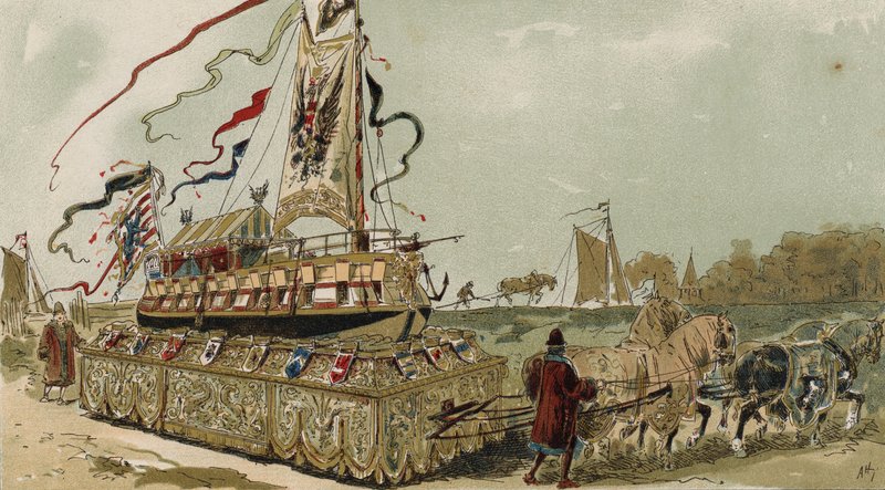 Barcaza en el canal de Brujas-Gante, Países Bajos Españoles, siglo XVI de Armand Jean Heins