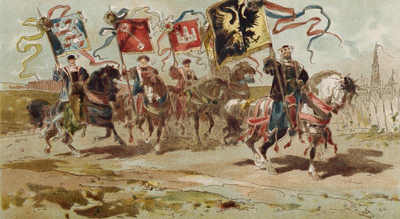 Jinetes portando estandartes de la Liga Hanseática y algunas de sus ciudades miembro, Países Bajos Españoles, siglo XVI de Armand Jean Heins