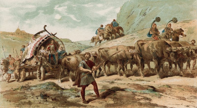 Carro tirado por bueyes y escolta de la tribu de los nervios del norte de la Galia de Armand Jean Heins