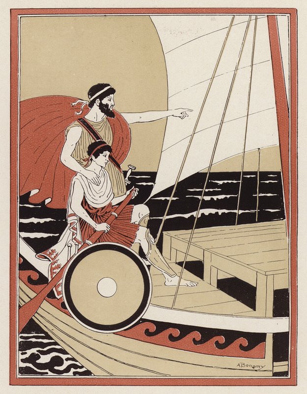 Atenea guiando a Telémaco en su búsqueda de Odiseo (litografia en color) de Armand Joseph Bonamy