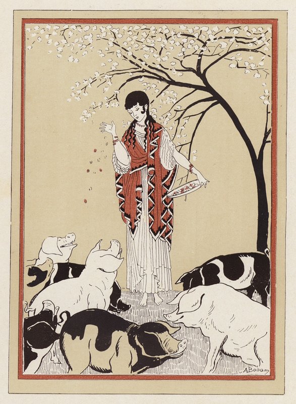 Circe alimentando a los compañeros de Odiseo después de convertirlos en cerdos (litografia en color) de Armand Joseph Bonamy