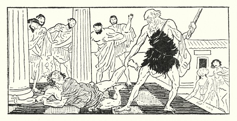 Ulises arrastrando a Irus fuera de la sala (lito) de Armand Joseph Bonamy