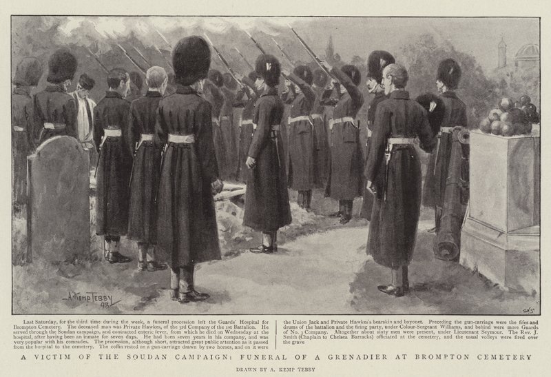 Una víctima de la campaña de Sudán, funeral de un granadero en el cementerio de Brompton de Arthur Kemp Tebby