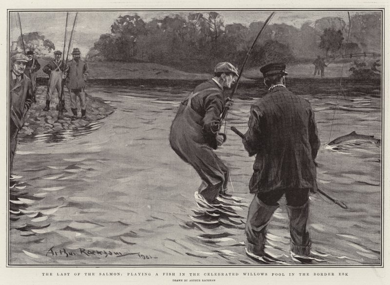 El último del salmón, pescando un pez en el famoso Willows Pool en el Border Esk de Arthur Rackham