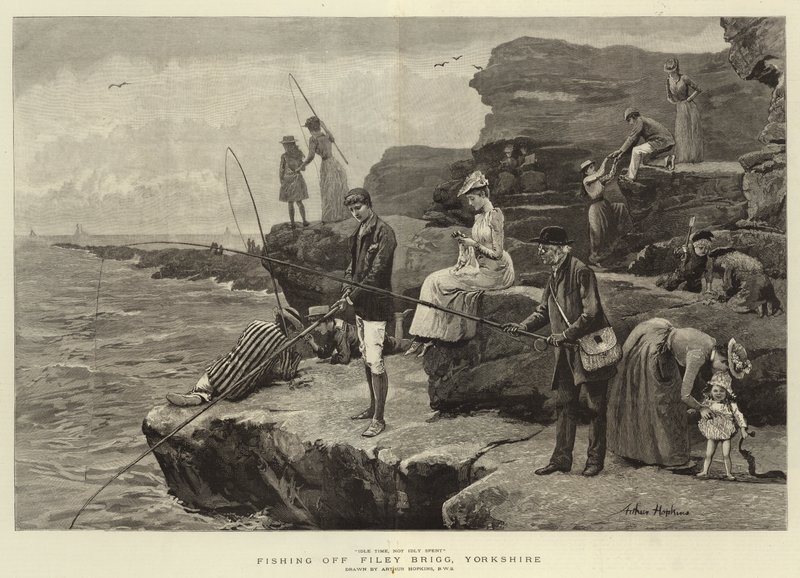 Pescando en Filey Brigg, Yorkshire (grabado) de Arthur (after) Hopkins