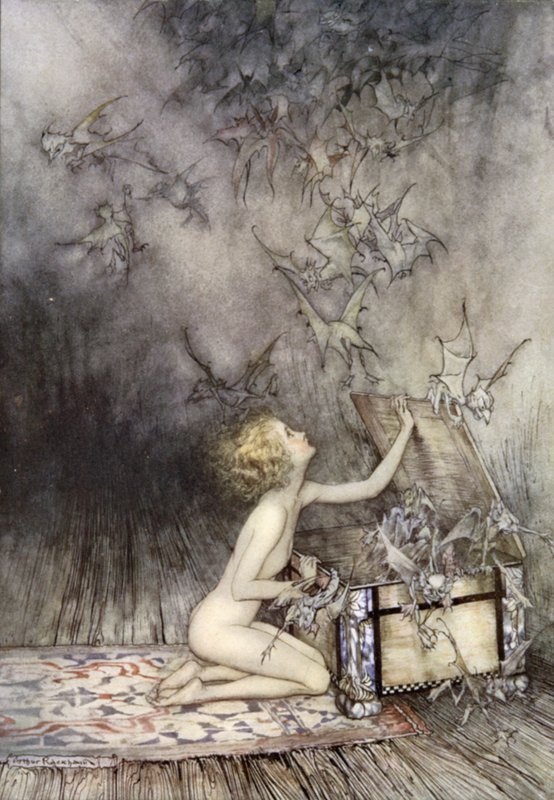 Apertura de la caja de Pandora, escena de Un libro maravilloso, de Nathaniel Hawthorne de Arthur (after) Rackham