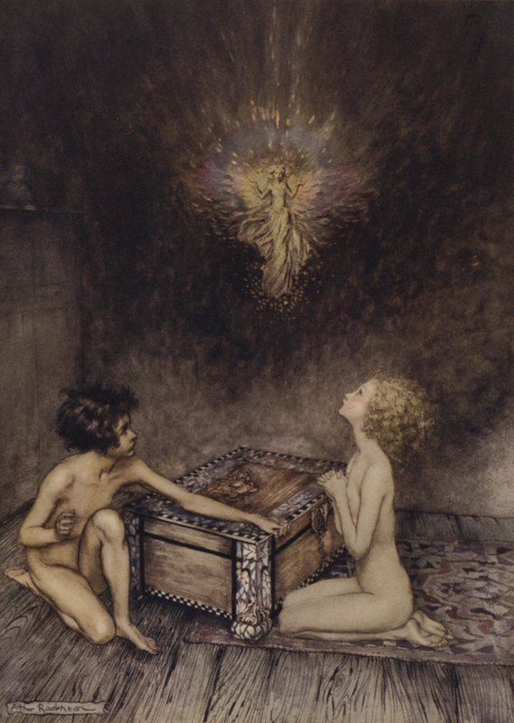 Pandora y Epimeteo, escena de Un libro maravilloso, de Nathaniel Hawthorne de Arthur (after) Rackham